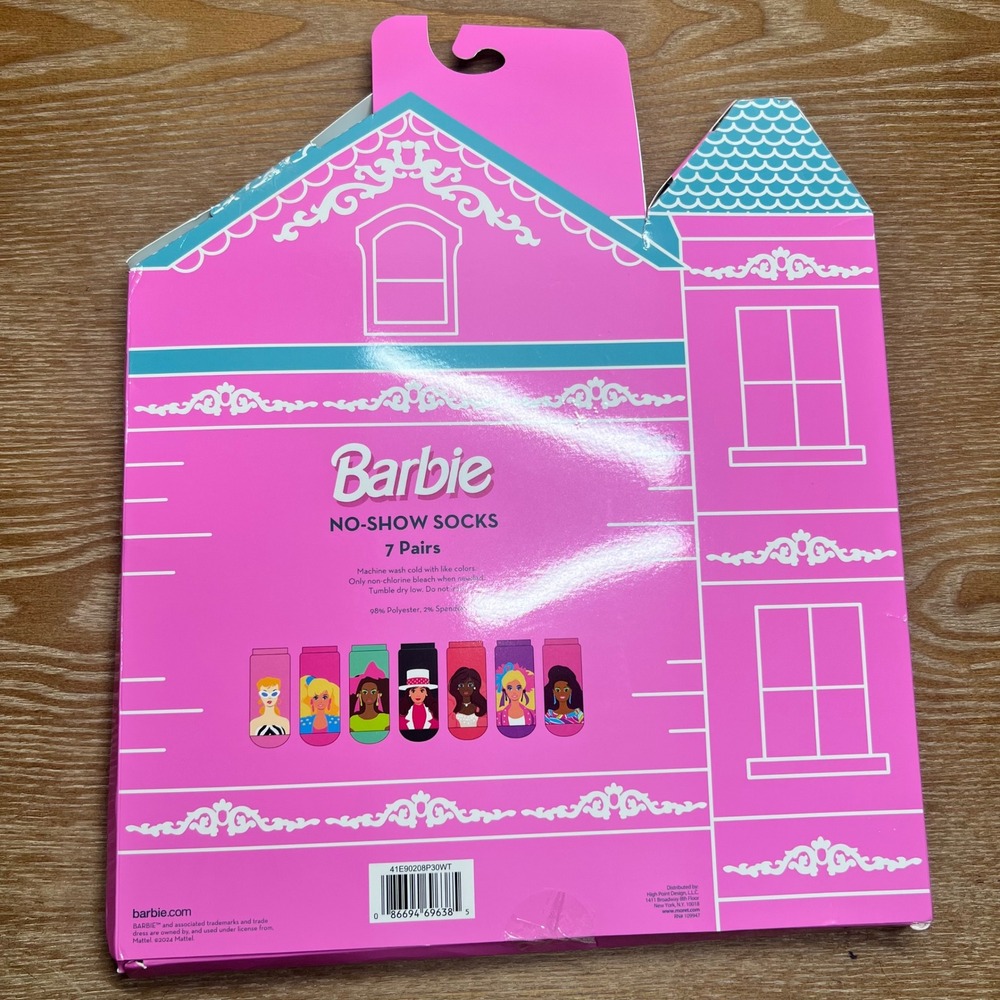 Barbie No-Show Socks 7 Pairs Womens Shoe Size 4-10 Dreamhouse Gift Box Pink New - Picture 2 of 3